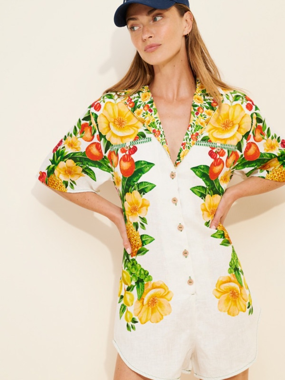 EUC FARM Rio White Romper with Yellow & Green Tropical Floral Print